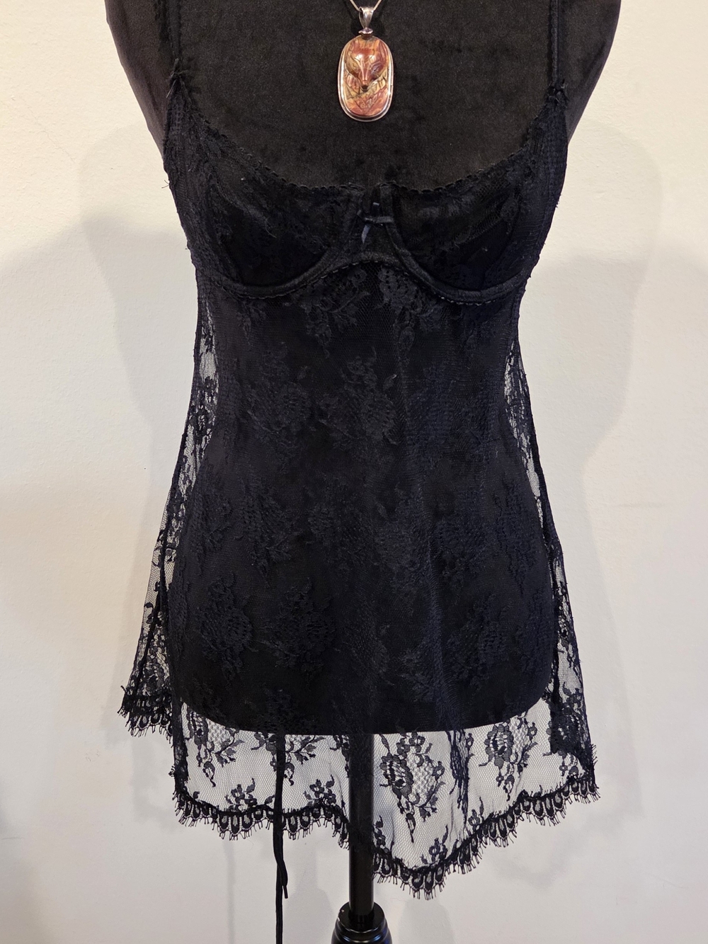 Victoria's Secret Black Lace Chemise with Sheer Floral Overlay